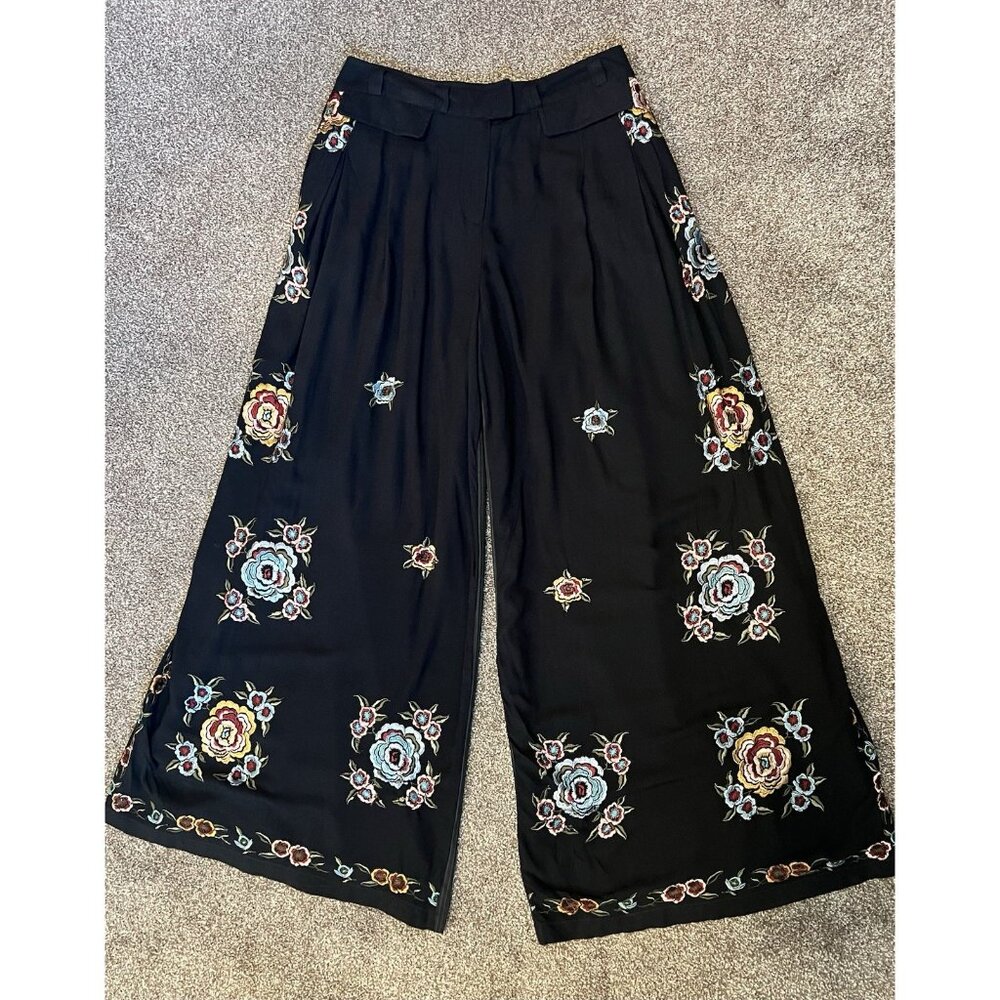 Free People Pants Wide leg Florence Embroidered Striped Boho Floral Size 8 - Picture 13 of 16